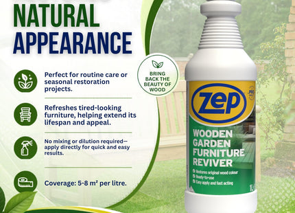 Zep Wooden Garden Furniture Reviver 1 Litre - Outdoor Wood Cleaner & Restorer, Covers 5-8 sq m per litre, Prepares Surface for Wood Polish