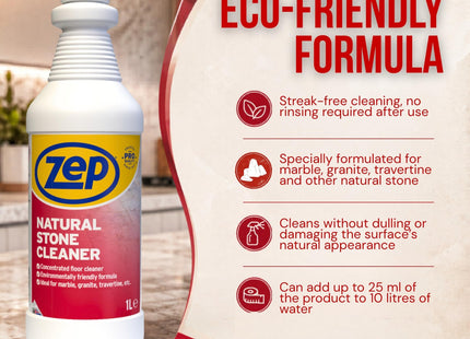 Zep Natural Stone Cleaner 1 Litre - Floor & Kitchen Worktops Cleaner, Dilutable No-Rinse Surface Solution