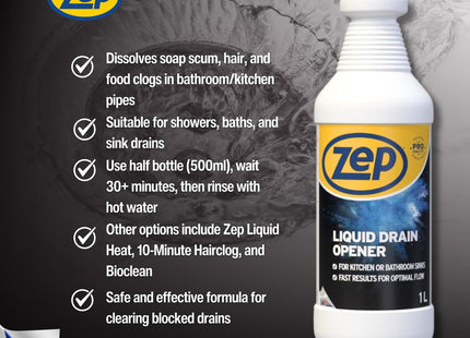 Zep 1 Litre Drain Opener - Liquid, Unscented, Drain Unblocker, Sink, Shower, Bathroom