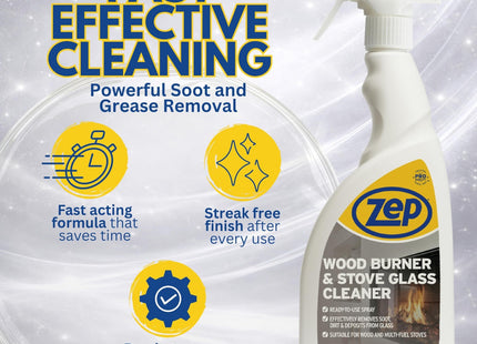 Zep Wood Burner and Stove Glass Cleaner 750ml - Spray for Log Burners & Multi Fuel Stoves, Removes Soot, Grease & Tar, Oven Door & Glass Cleaner