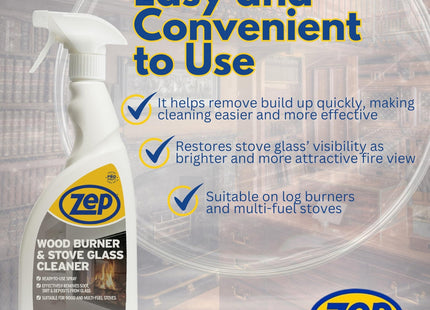 Zep Wood Burner and Stove Glass Cleaner 750ml - Spray for Log Burners & Multi Fuel Stoves, Removes Soot, Grease & Tar, Oven Door & Glass Cleaner