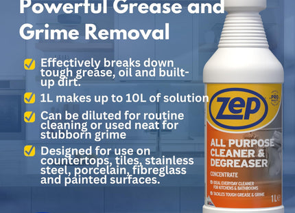 Zep All Purpose Cleaner & Degreaser Concentrate Heavy Duty Multi Surface Cleaner for Kitchen, Makes Up to 10 Litre of Solution 1 Litre