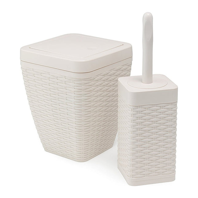 Addis Faux Rattan Square Bathroom Set Includes Swing Bin & Toilet Set Brush, Calico Linen - Faux Leather Plastic