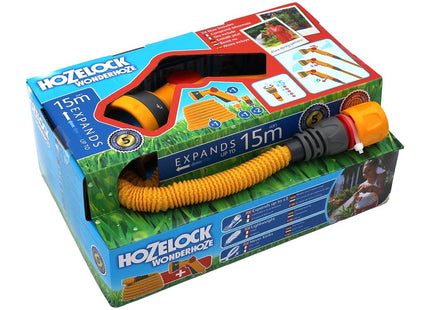 Hozelock - Wonderhoze Expanding Hose 15m: Flexible Hose, Stretches up to 3x Original Length With 2 Aquastop Fittings and Multispray Gun: Ready to Use