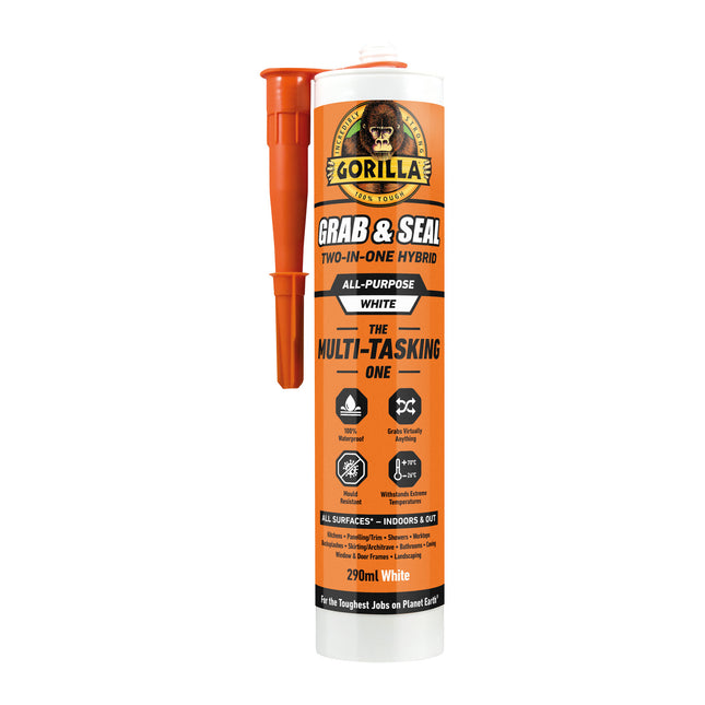 Gorilla Glue Grab & Seal, 290ml - Two-in-One Waterproof Grab Adhesive & Sealant Hybrid Bonds Skirting, Kitchens, Bathrooms, Windows & Doors White