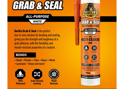 Gorilla Glue Grab & Seal, 290ml - Two-in-One Waterproof Grab Adhesive & Sealant Hybrid Bonds Skirting, Kitchens, Bathrooms, Windows & Doors White