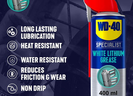 WD-40 Specialist White Lithium Grease Spray, Long Lasting Spray Grease for Metal to Metal, Corrosion and Rust Protection 400ml