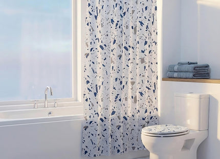 Croydex Shower Curtain with Blue Terrazzo Design 100% Polyester with a Weighted Hem, Machine Washable and coated with Proseal for Water Repellence
