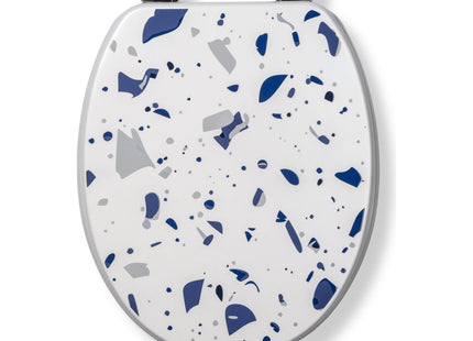 Croydex Blue Terrazzo Print Toilet Seat with Flexi-Fix Hinges Antibacterial Coating, Durable FSC-Certified Wood and Fits Standard UK Pans