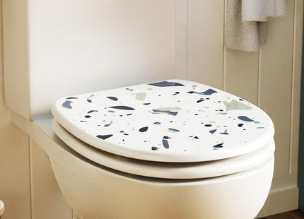 Croydex Blue Terrazzo Print Toilet Seat with Flexi-Fix Hinges Antibacterial Coating, Durable FSC-Certified Wood and Fits Standard UK Pans