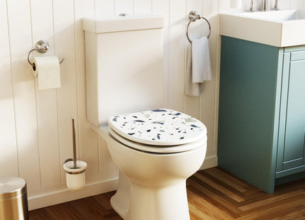 Croydex Blue Terrazzo Print Toilet Seat with Flexi-Fix Hinges Antibacterial Coating, Durable FSC-Certified Wood and Fits Standard UK Pans