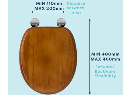 Croydex Davos Flexi-Fix Wooden Toilet Seat Adjustable Hinges with Top & Bottom Fixings Included and Rust Free Chrome Plated Antique Pine WL602250H