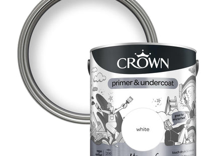 Crown White Multi-Surface Primer and Undercoat Paint 2 in 1 Quick Dry 30mins Use on Wood, uPVC, Metal, Brick 2.5 Litre