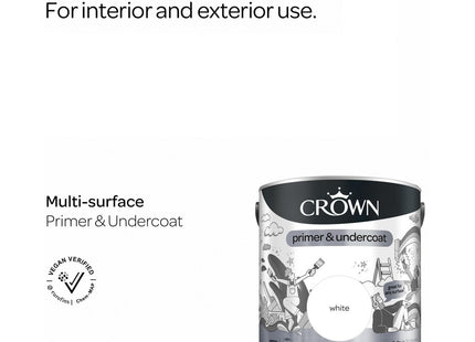 Crown White Multi-Surface Primer and Undercoat Paint 2 in 1 Quick Dry 30mins Use on Wood, uPVC, Metal, Brick 2.5 Litre