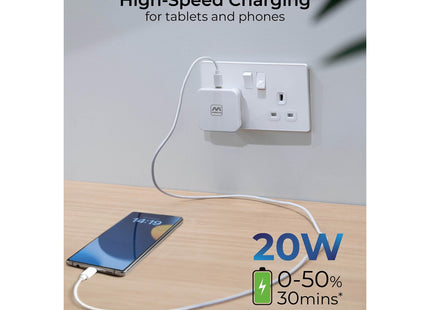 Masterplug Super-Fast USB Charging Plug with Single Type C Charging Port, 20 Watts, White