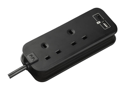 Masterplug Travel Kit 2 Socket USB Extension Lead with 0.45m Cable Black