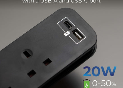Masterplug Travel Kit 2 Socket USB Extension Lead with 0.45m Cable Black