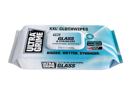 UltraGrime Pro Glass & Stainless Surface Wet Wipes XXL Cleaning Cloths for Mirrors, Windows, Kitchen, Home, Shower Glass Cleaner Streak Free