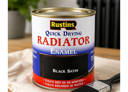 Rustins Quick Drying Radiator Enamel Satin - Black 250ml - Durable, Long-Lasting Finish for Radiators That Stands the Test of Time