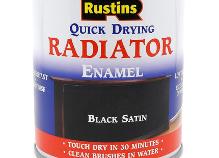 Rustins Quick Drying Radiator Enamel Satin - Black 500ml - Durable, Long-Lasting Finish for Radiators That Stands the Test of Time