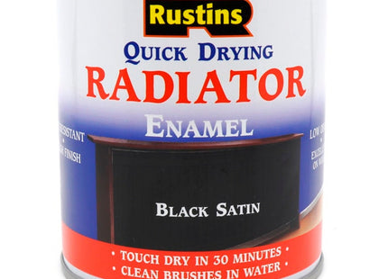 Rustins Quick Drying Radiator Enamel Satin - Black 500ml - Durable, Long-Lasting Finish for Radiators That Stands the Test of Time