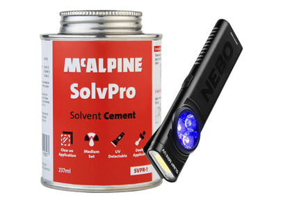 McAlpine SolvPro Solvent Cement (237 ml) + Nebo Slim Mini UV Torch