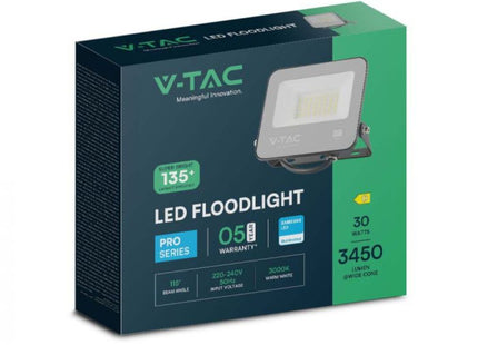 V-Tac Lumi Vt-44033 30W Floodlight Samsung Chip 1M Wire 6500K Black Body Grey Glass 135Lm/W
