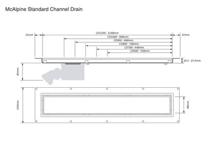 McAlpine CD800-P Polished Stainless Steel Standard Channel Drain - 748mm