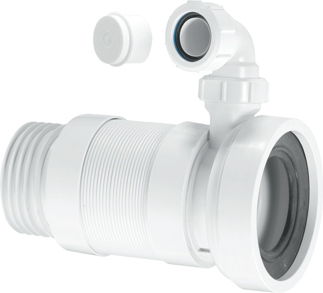McAlpine WC-F23SV 97-107mm Inlet x 3½"/90mm Outlet Straight Flexible WC Connector with 1¼ Universal Vent Boss.