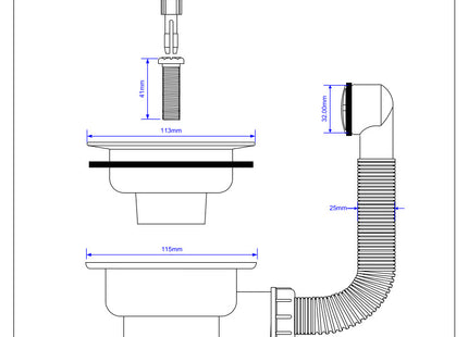 McAlpine BSWCLS-OFSS 1½" Basket Strainer Waste and Overflow: 113mm Stainless Steel Flange: Spring-Loaded Plug: Chrome Plated Overflow Grid: Centre Pin Model