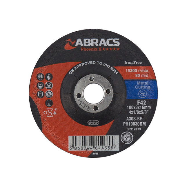 Abracs Phoenix Depressed Centre Metal Cutting Disc - 100 x 3 x 16mm (Box of 25)