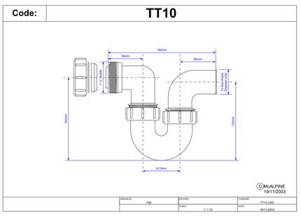 McAlpine TT10 75mm Water Seal Running Tubular 'P' Trap with 1½" Multifit Outlet and plain spigot end for connection to a waste disposal unit