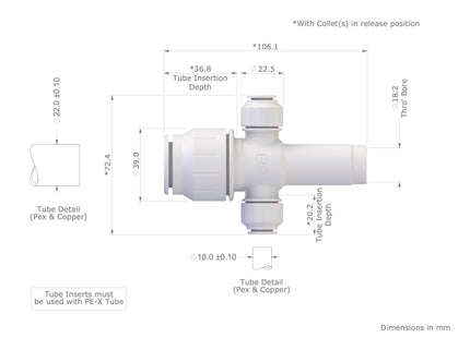 John Guest Speedfit 22mm x 10mm 2 Port Manifold With Stem PEM582210AW