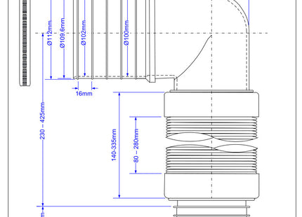 McAlpine WC-CON8F-S-BTW 97-107mm Inlet 90° Flexible WC Connector for Back to Wall WC Pan for Installation in Horizontal Position