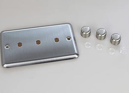 Varilight Matrix 3-Gang Double Plate Unpopulated Dimmer Kit. Classic Matt Chrome Finish (Brushed Steel Effect) Finish