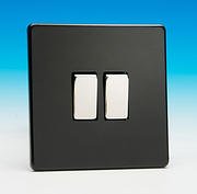 Varilight Flat Plate Screwless Jet Black 2-Gang Intermediate 10A Switch Polished Chrome Inserts XDL77S
