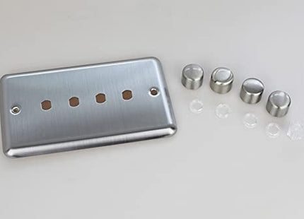 Varilight Matrix 4-Gang Double Plate Unpopulated Dimmer Kit. Classic Matt Chrome Finish (Brushed Steel Effect) Finish