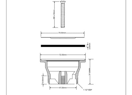 McAlpine BSW10P-F 1½" Shower Waste: 70mm Stainless Steel Flange: Centre Pin Model