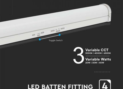 V-Tac Lumi Vt-4004S 20W/30W/40W Led Batten Fitting Sensor-4Ft Samsung Chip Cct 3In1 135Lm/W