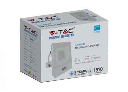 V-Tac Lumi Vt-128S-1 20W Pir Sensor Floodlight Samsung Chip & 1M Cable 4000K White Body
