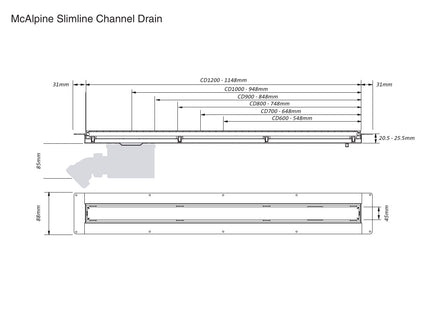 McAlpine CD800-O-B Brushed Stainless Steel Slimline Channel Drain - 748mm