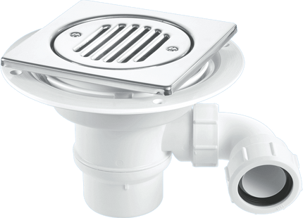 McAlpine TSG1T6SSSTW295 50mm Water Seal Trap with 1½" x 90° Swivel Multifit Outlet Bend, 150mm Square Polished Stainless Steel Tile with removable Grid and Securing Screws