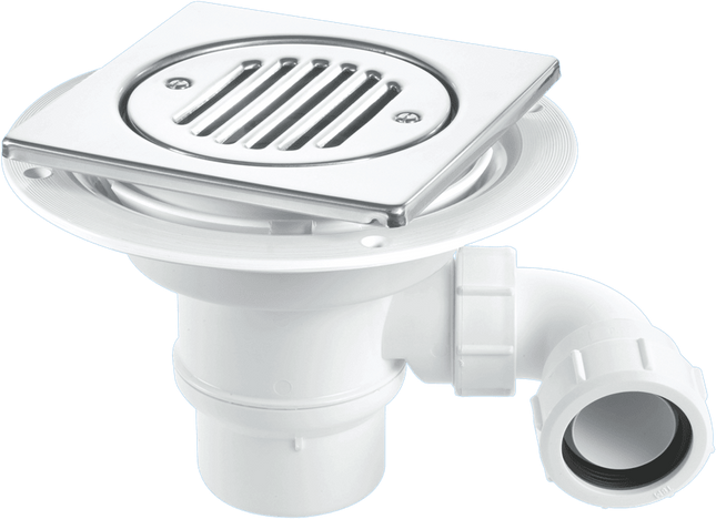 McAlpine TSG1T6SSSTW295 50mm Water Seal Trap with 1½" x 90° Swivel Multifit Outlet Bend, 150mm Square Polished Stainless Steel Tile with removable Grid and Securing Screws