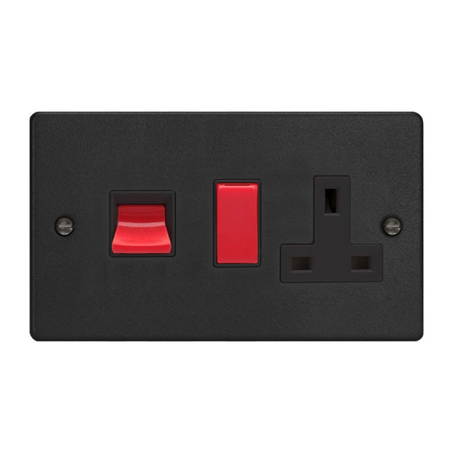 Varilight 45A Cooker Panel With 13A Double Pole Switched Socket Outlet (Red Rocker) Matt Black