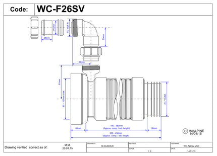 McAlpine WC-F26SV 97-107mm Inlet x 3½"/90mm Outlet Straight Flexible WC Connector with 1¼ Universal Vent Boss.