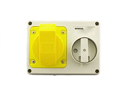 Gewiss GW66001 Horizontal Interlocked Socket Outlet, IP44, 4 Reference, 2P+E Pole, 100V-130V, 16 A, 50 Hz/60 Hz, Yellow