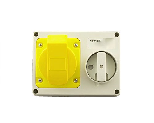 Gewiss GW66001 Horizontal Interlocked Socket Outlet, IP44, 4 Reference, 2P+E Pole, 100V-130V, 16 A, 50 Hz/60 Hz, Yellow