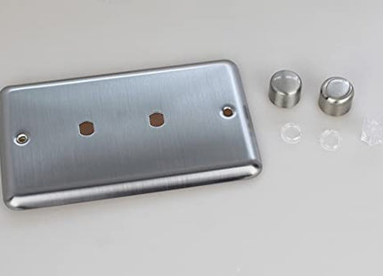 Varilight Matrix 2-Gang Double Plate Unpopulated Dimmer Kit. Classic Matt Chrome Finish (Brushed Steel Effect) Finish
