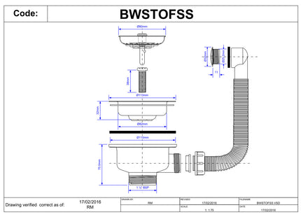 McAlpine BWSTOFSS 1½" Basket Strainer Waste and Overflow: 113mm Stainless Steel Flange: Stemball Plug: Chrome Plated Overflow Grid: Centre Pin Model