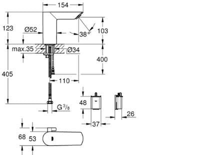 Grohe Baucosmo E Deck Sensor Basin Mixer - 6V Battery, Chrome - 36451000